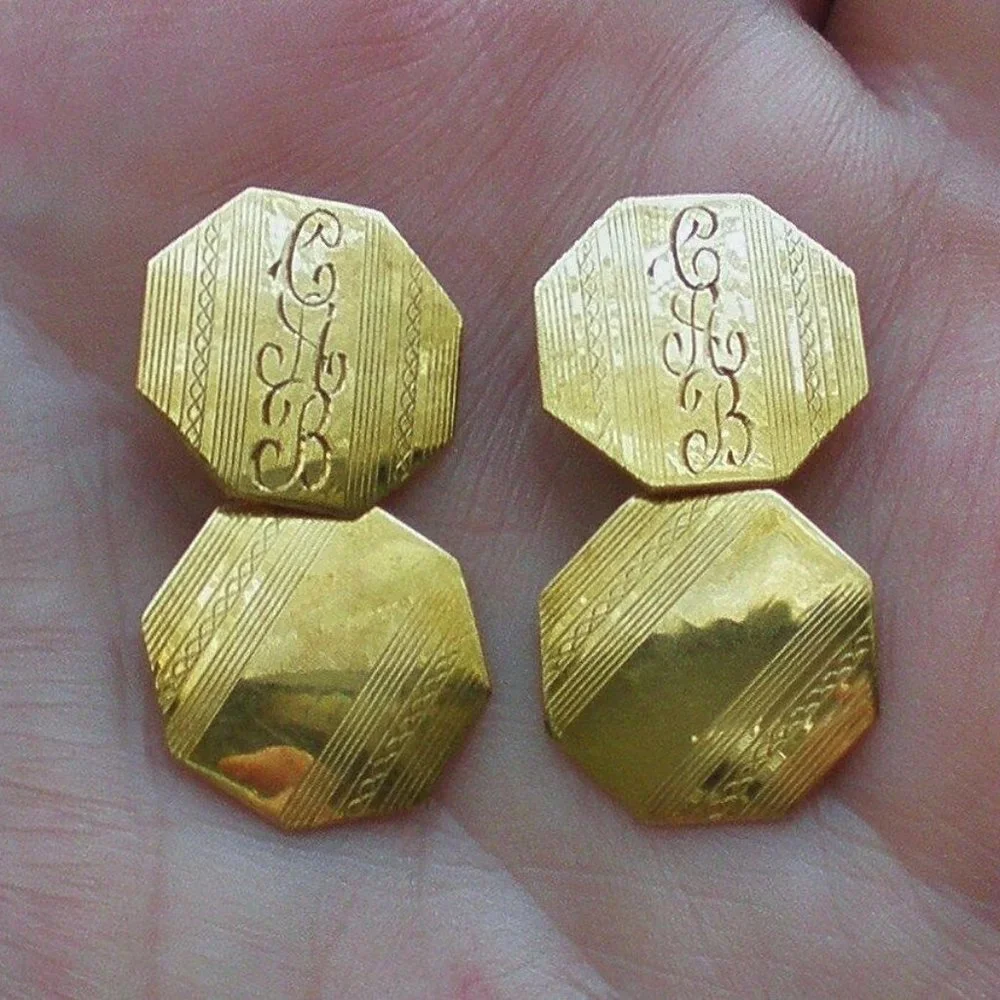 Beautiful Antique Art Deco Solid 14K Yellow Gold Hexagon Cufflinks 14kt